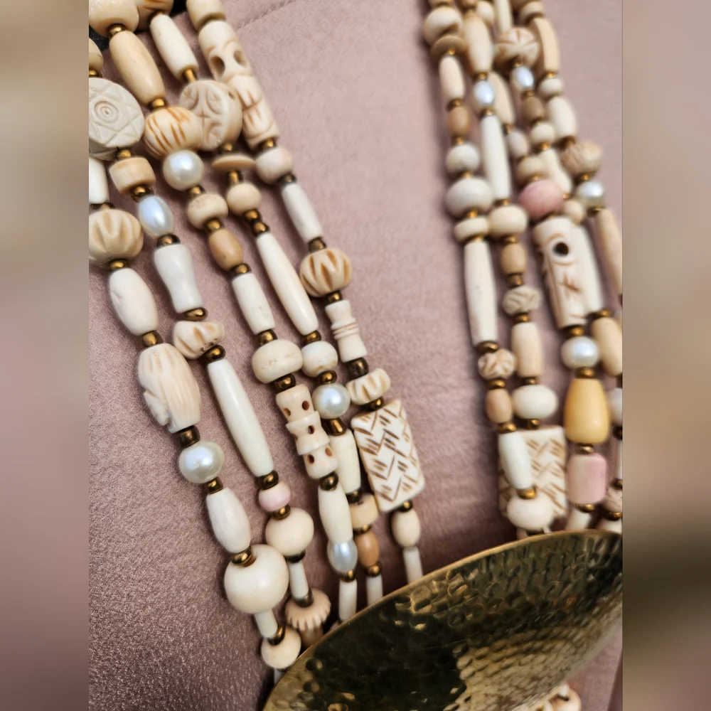 Neutral Beaded Statement Necklace with Bold Medallion ๐ - Picture 14 of 17